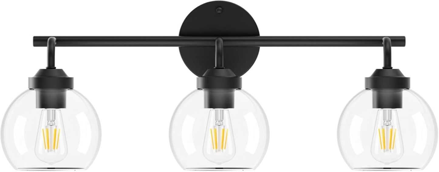 Matte Black Vanity Lights 3-Light, Clear Glass Vintage Bathroom Vanity Lights Metal Black Bathroom Vanity Light Fixture