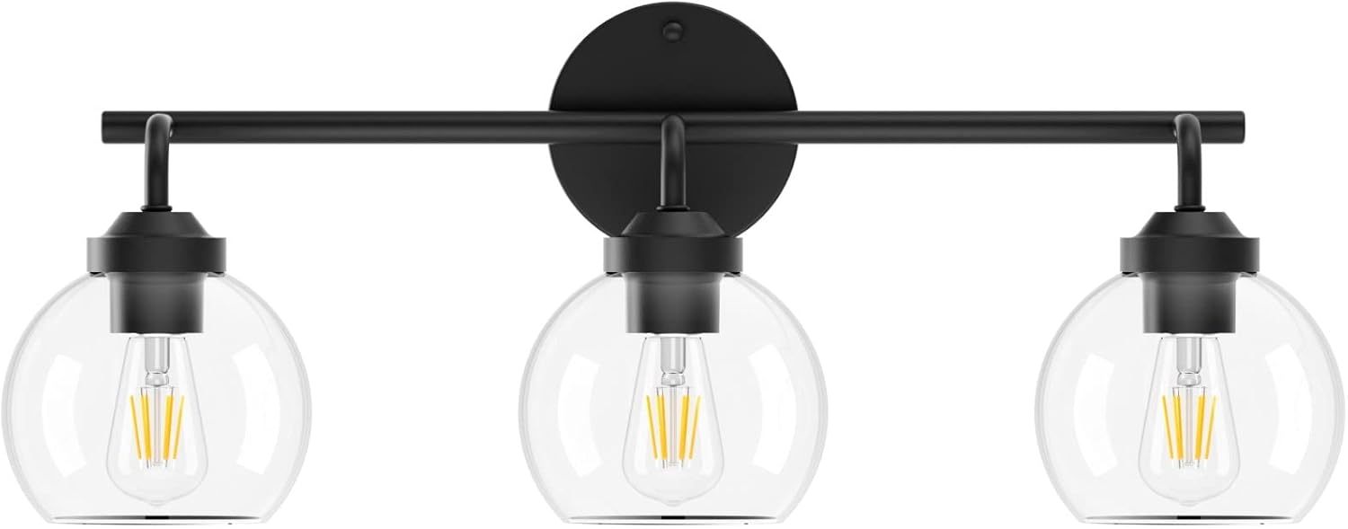 Matte Black Vanity Lights 3-Light, Clear Glass Vintage Bathroom Vanity Lights Metal Black Bathroom Vanity Light Fixture