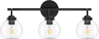 Matte Black Vanity Lights 3-Light, Clear Glass Vintage Bathroom Vanity Lights Metal Black Bathroom Vanity Light Fixture