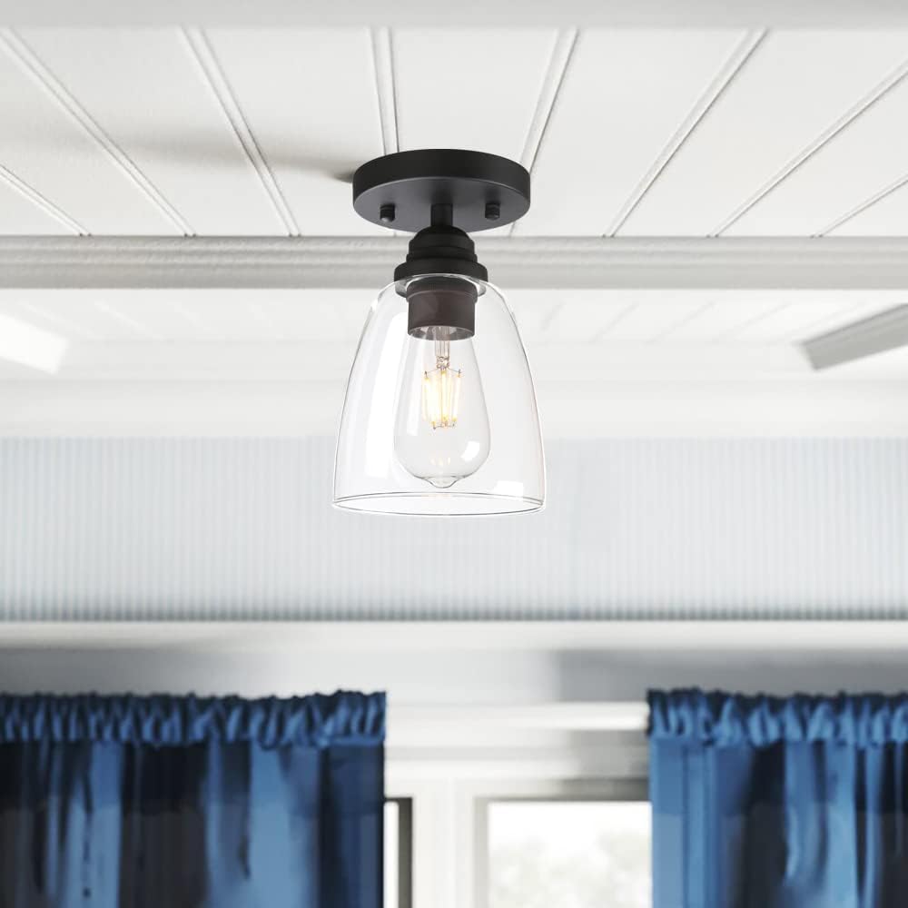 Retro Semi Flush Mount Ceiling Light, 1-Light Vintage Industrial Hardwired 5.51'' Oval Cone Glass Shade for Kitchen Bathroom Cafe Corridor Hallway Entryway Passway (Black)