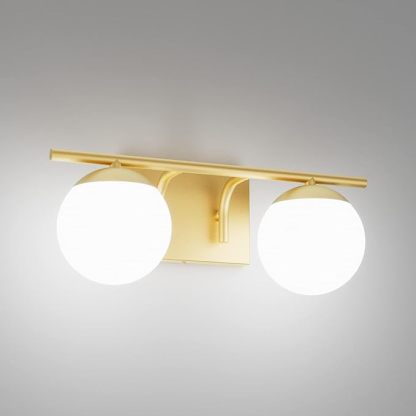 Gold Bathroom Vanity Light 2-Light Mid Century Modern Bathroom Vanity Light Fixtures Gold Milky Glass Globe Bathroom Wall Light
