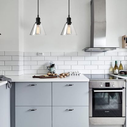 1-Light Vintage Edison Hanging Pendant Light, Mini Semi Flush Mount Light Fixture Funnel Flared Clear Glass Shade for Kitchen Bathroom Porch Living Room Dinning Room Hotels Bar Island(Black)