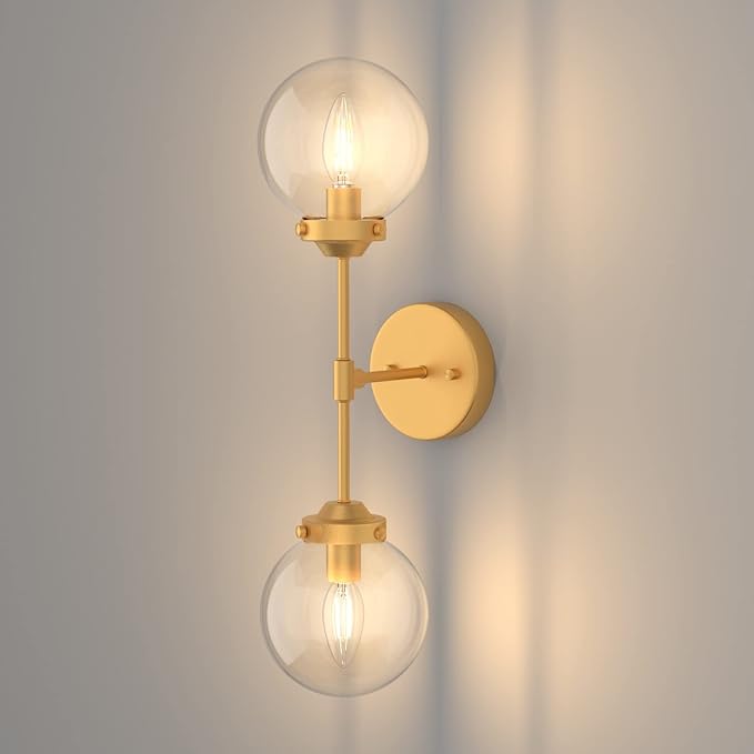 Rustic Gold Wall Sconces 2 Light Industrial Gold Wall Light Fixture Vintage Style Clear Glass Globe Gold Bathroom Light Fixtures (Exclude Bulb)