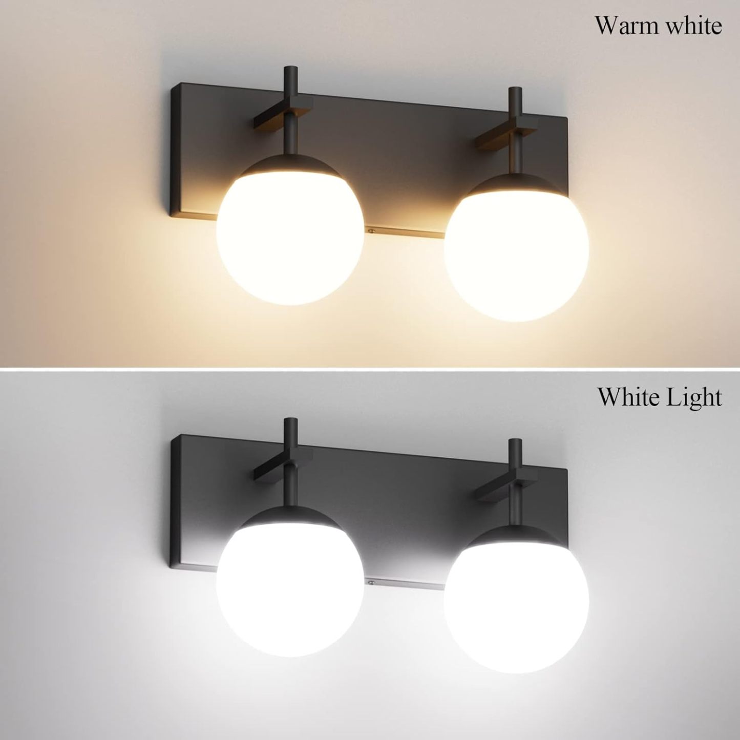 Matte Black Bathroom Wall Light Fitures 2-Light Mid Century Modern Bathroom Lighting Black Milky Glass Globe Vanity Light for Bathroom