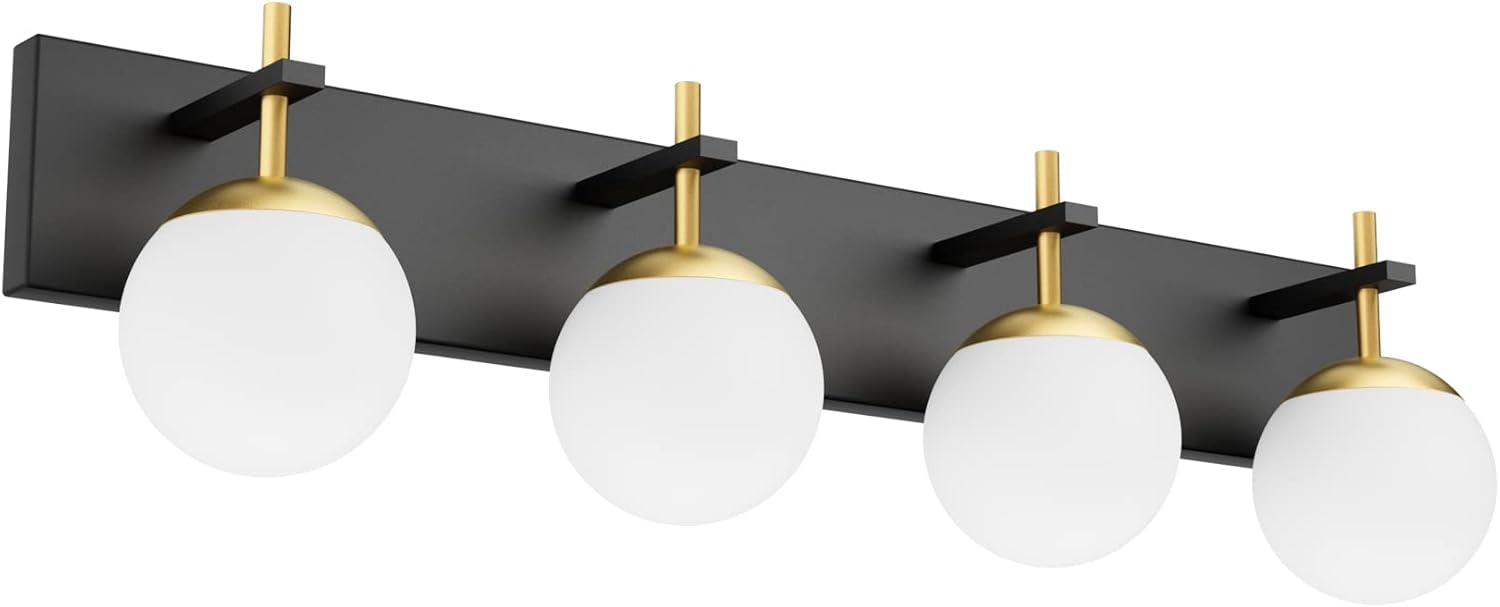 Mid Century Modern Vanity Lights for Bathroom 4-Light Milky Glass Globe Modern Bathroom Vanity Lights Over Mirror, Black/Golden Bathroom Wall Light Fixture (Exclude Bulb)