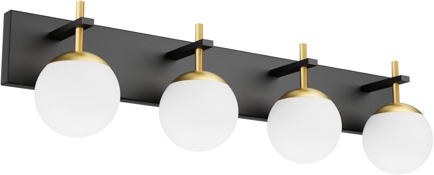 Mid Century Modern Vanity Lights for Bathroom 4-Light Milky Glass Globe Modern Bathroom Vanity Lights Over Mirror, Black/Golden Bathroom Wall Light Fixture (Exclude Bulb)