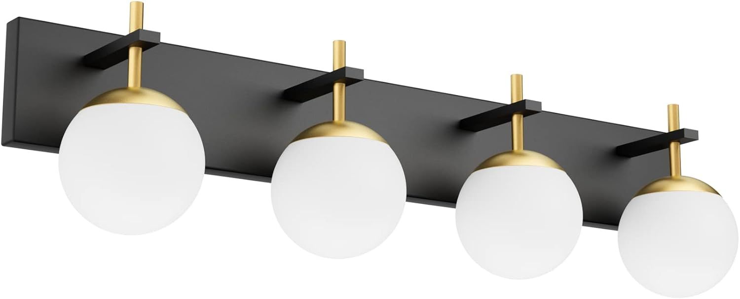 Mid Century Modern Vanity Lights for Bathroom 4-Light Milky Glass Globe Modern Bathroom Vanity Lights Over Mirror, Black/Golden Bathroom Wall Light Fixture (Exclude Bulb)