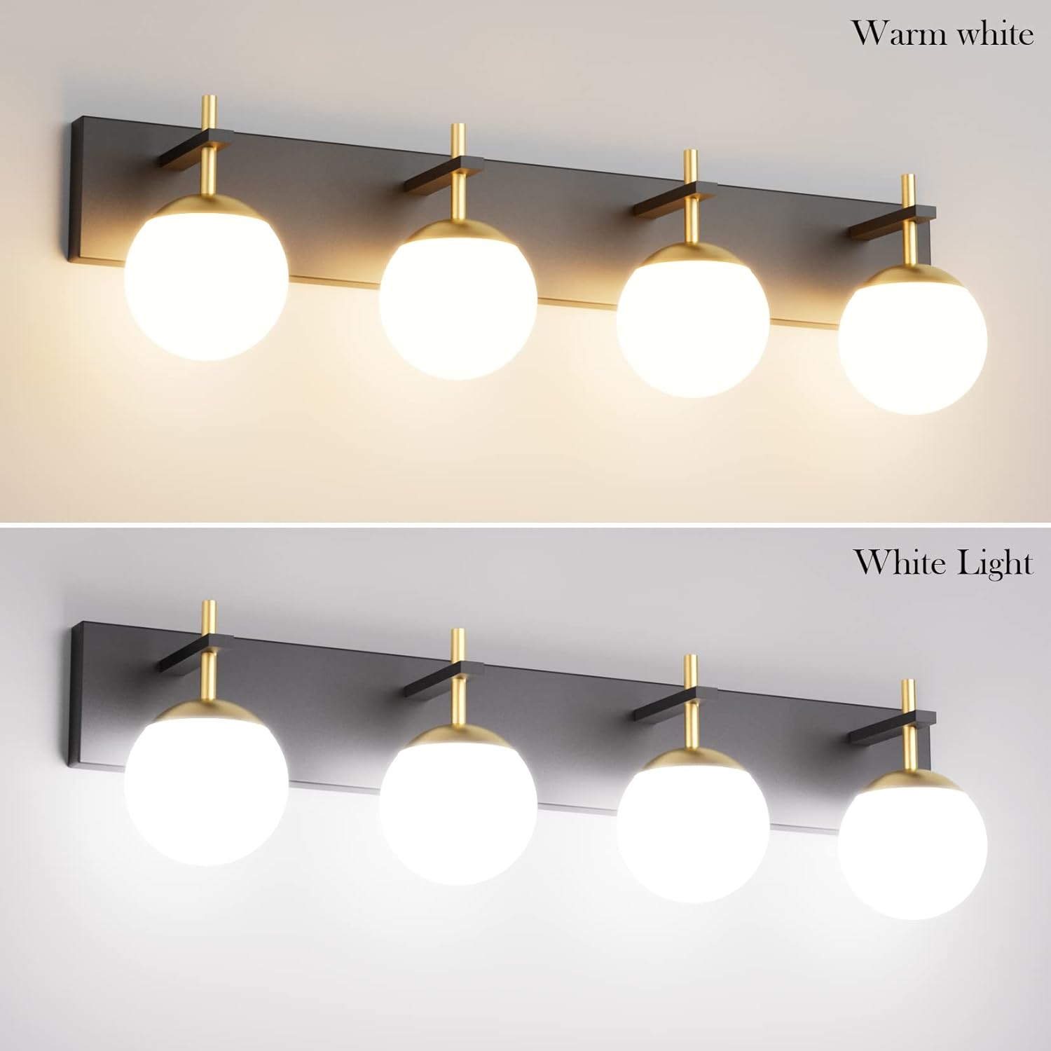 Mid Century Modern Vanity Lights for Bathroom 4-Light Milky Glass Globe Modern Bathroom Vanity Lights Over Mirror, Black/Golden Bathroom Wall Light Fixture (Exclude Bulb)
