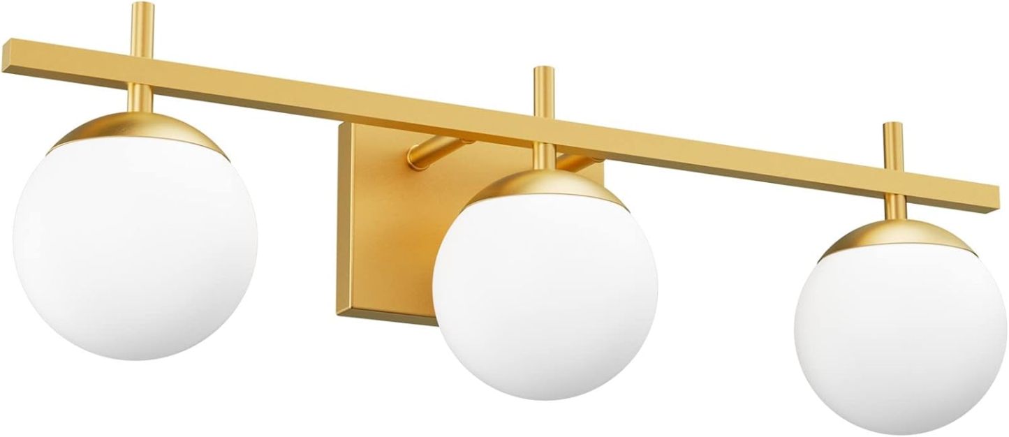 Mid Century Modern Gold Bathroom Light Fixtures 3-Light Gold Milky Glass Modern Bathroom Vanity Lights Over Mirror, Gold Wall Light for Bathroom (Exclude Bulb)