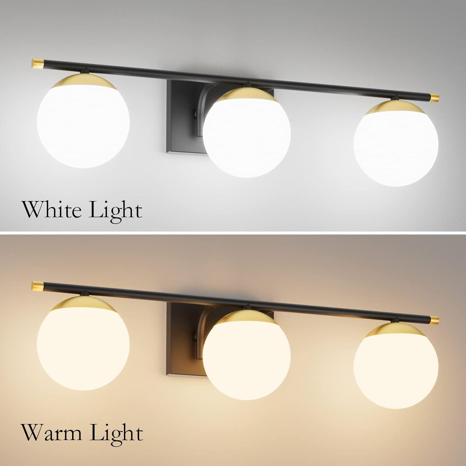 Black and Gold Bathroom Lights 3-Light Mid Century Modern Bathroom Vanity Lights Milky Glass Black and Gold Vanity Lights for Bathroom