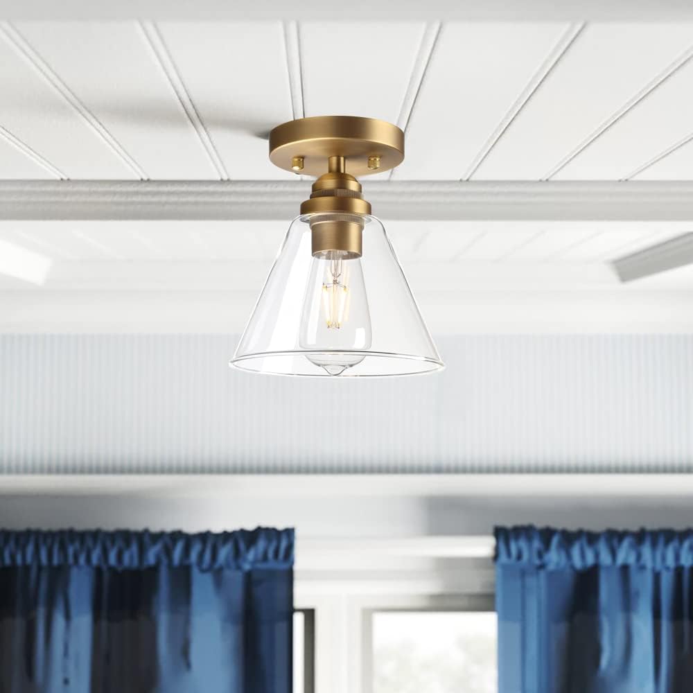 Rustic Semi Flush Mount Ceiling Light, 1-Light Vintage Industrial Indoor Vanity Hardwired 7.28'' Funnel Flared Glass Shade Kitchen Diningroom Corridor Hallway Entryway Passway Gallway (Antique)