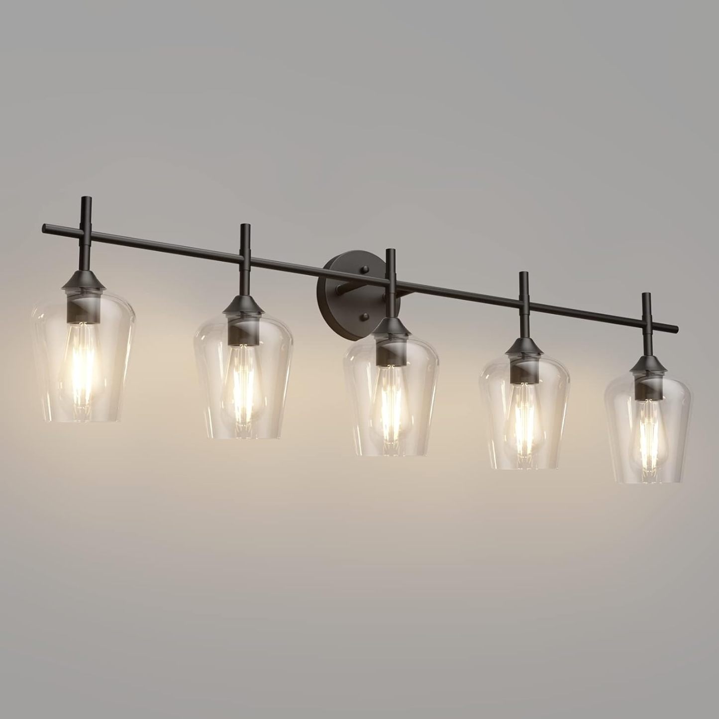 Vintage Black Bathroom Vanity Light 5-Lights Industrial Matte Black Finish with Clear Glass Vanity Lights Farmhouse Bathroom Lighting fixtures