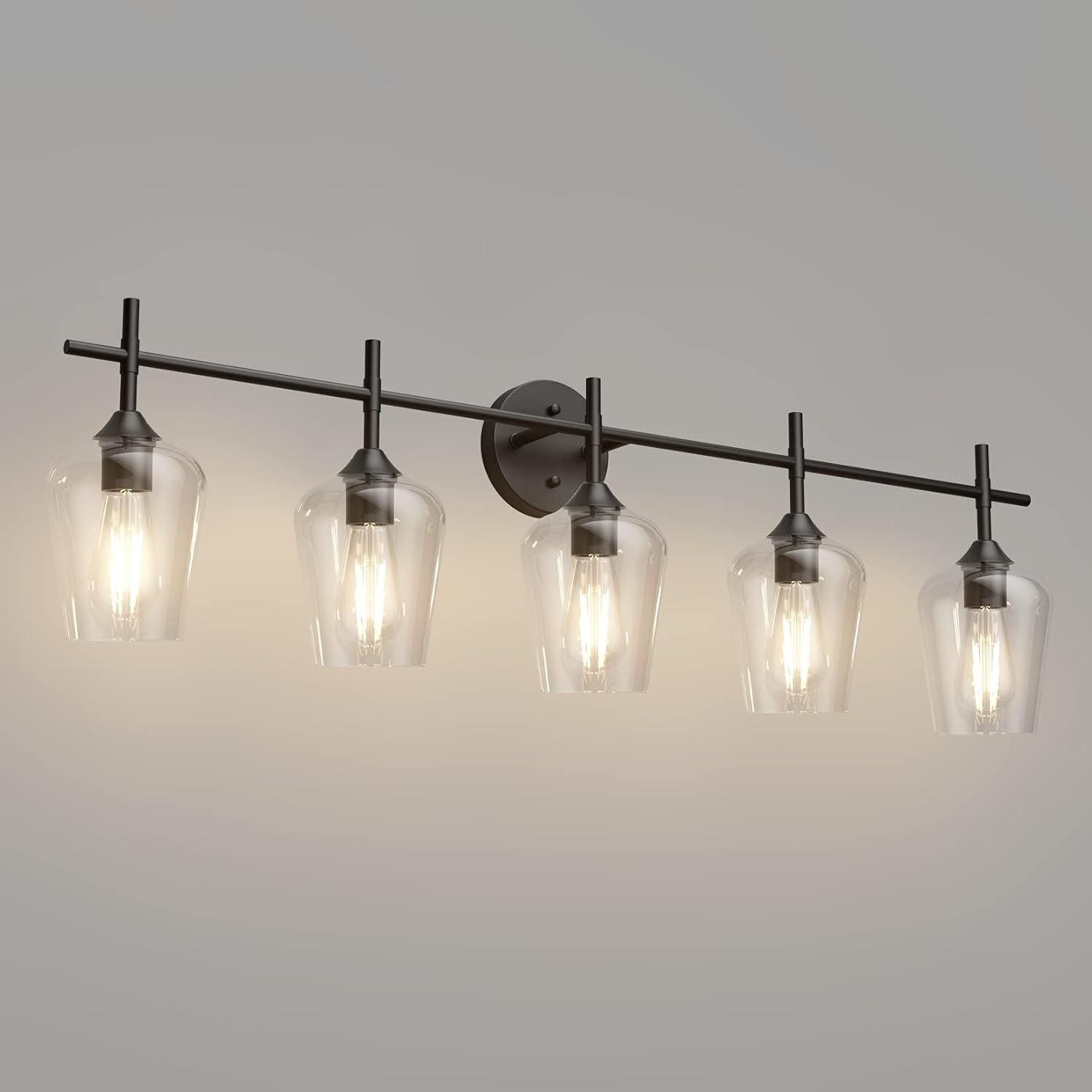 Vintage Black Bathroom Vanity Light 5-Lights Industrial Matte Black Finish with Clear Glass Vanity Lights Farmhouse Bathroom Lighting fixtures