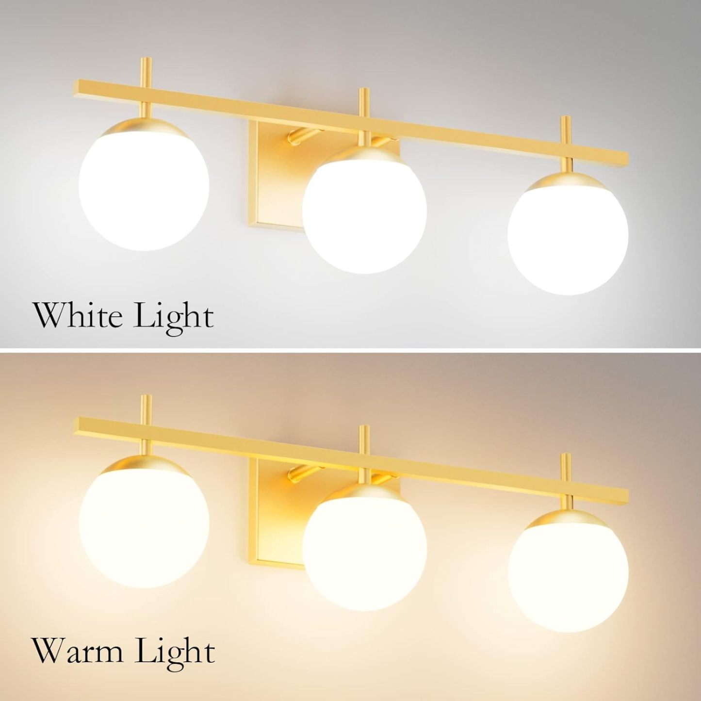 Mid Century Modern Gold Bathroom Light Fixtures 3-Light Gold Milky Glass Modern Bathroom Vanity Lights Over Mirror, Gold Wall Light for Bathroom (Exclude Bulb)