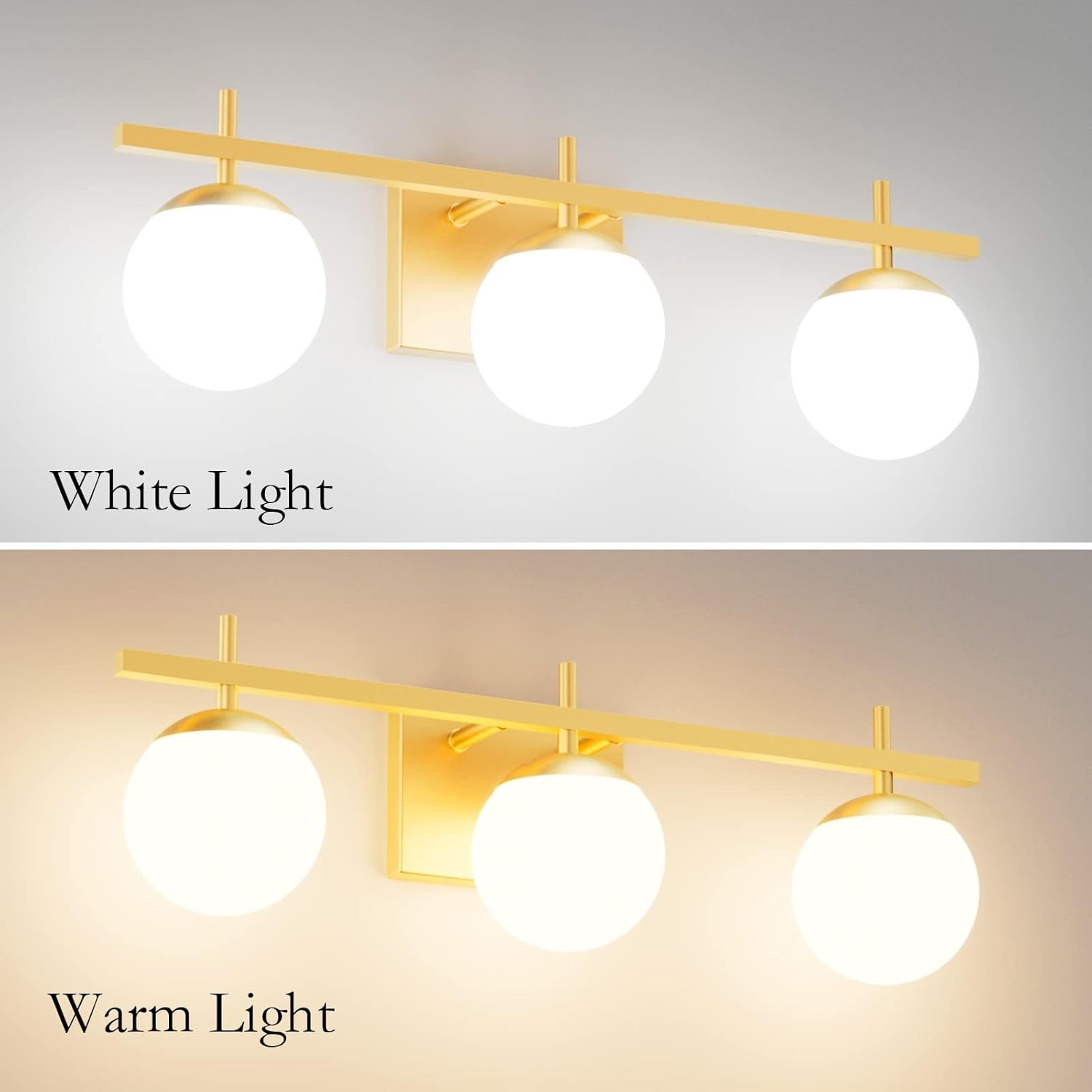 Mid Century Modern Gold Bathroom Light Fixtures 3-Light Gold Milky Glass Modern Bathroom Vanity Lights Over Mirror, Gold Wall Light for Bathroom (Exclude Bulb)