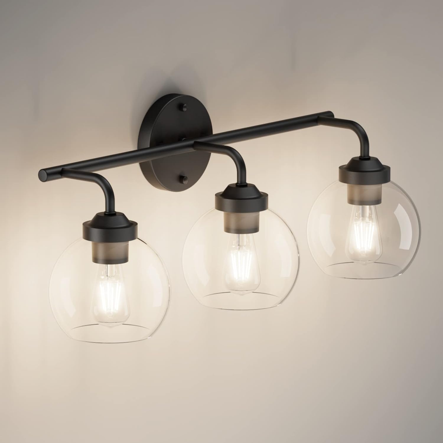 Matte Black Vanity Lights 3-Light, Clear Glass Vintage Bathroom Vanity Lights Metal Black Bathroom Vanity Light Fixture