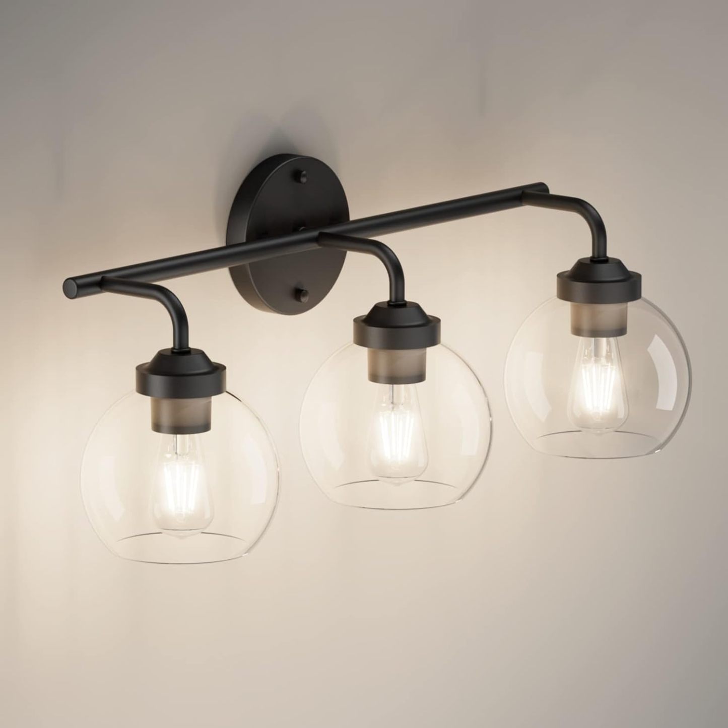 Matte Black Vanity Lights 3-Light, Clear Glass Vintage Bathroom Vanity Lights Metal Black Bathroom Vanity Light Fixture