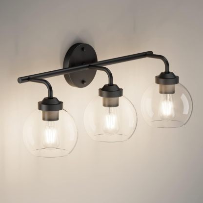 Matte Black Vanity Lights 3-Light, Clear Glass Vintage Bathroom Vanity Lights Metal Black Bathroom Vanity Light Fixture