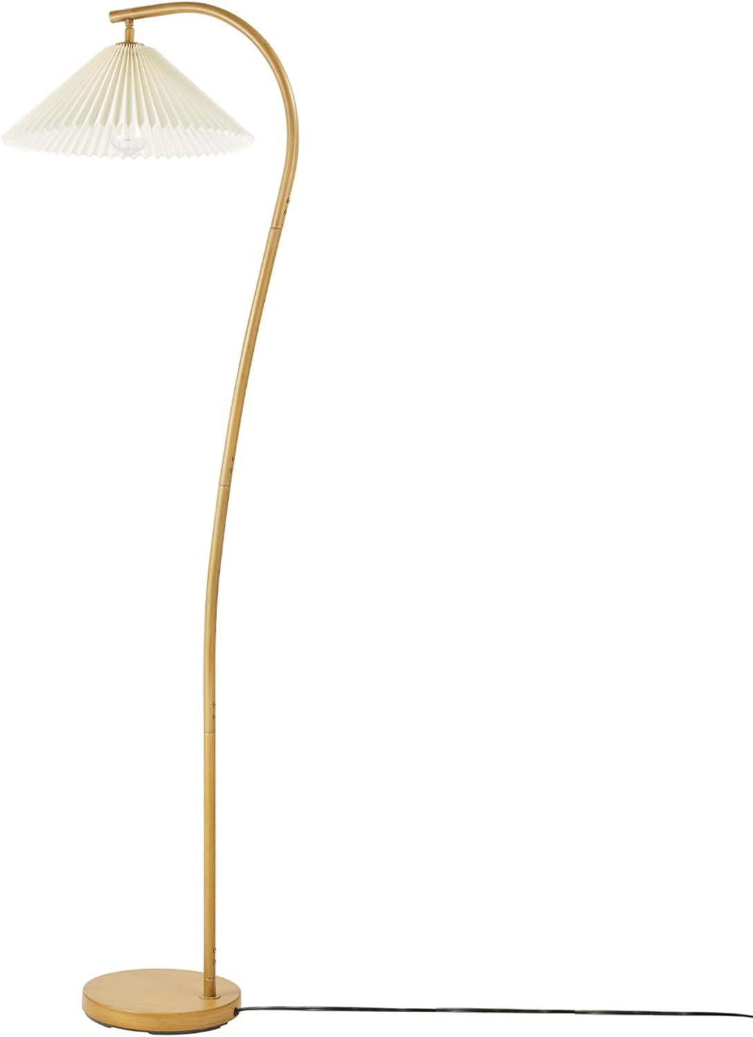62" Floor Lamp, Faux Wood Finish, White Pleated Fabric Shade, Pivot Joint on Shade