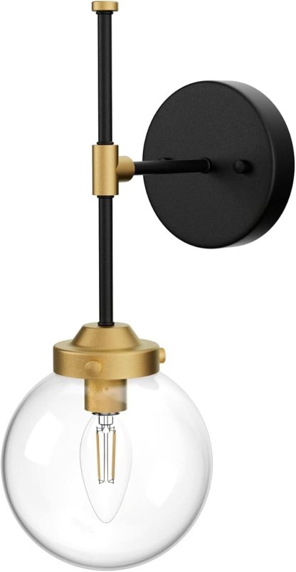 Black Gold Wall Sconce Indoor Industrial Globe Wall Light Fixture Clear Glass Globe Wall Lamp for Bathroom Kitchen Living Room Vanity Hallway (Exclude Bulb)
