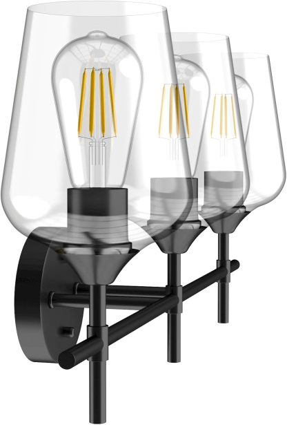Industrial Bathroom Vanity Light Fixtures 3-Lights Matte Black with Clear Glass Vintage Edison Wall Lamp Light Fixture for Bathroom