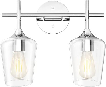 Chrome Bathroom Light Fixtures 2-Lights with Clear Glass Modern Wall Mount Lighting Industrial Farmhouse Bathroom Vanity Lights Wall Sconce Chrome