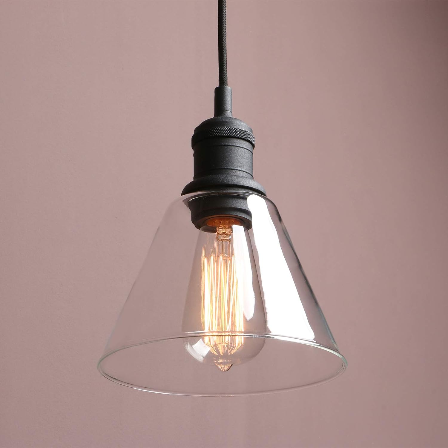 1-Light Vintage Edison Hanging Pendant Light, Mini Semi Flush Mount Light Fixture Funnel Flared Clear Glass Shade for Kitchen Bathroom Porch Living Room Dinning Room Hotels Bar Island(Black)