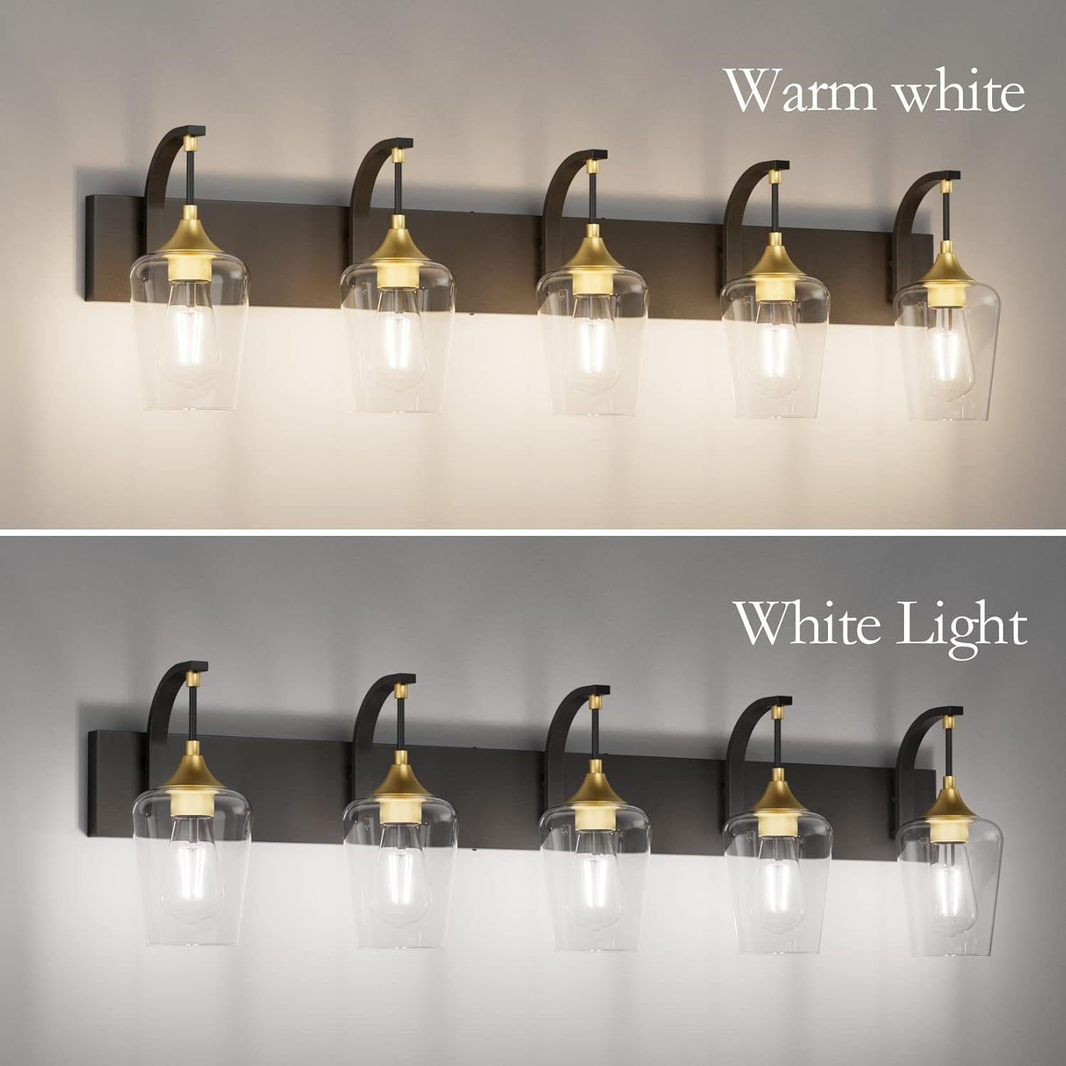 Black/Gold Bathroom Light Fixtures 5-Lights Industrial Black Vanity Lights Clear Glass Vintage Edison Black Wall Mount Light Fixture for Bathroom