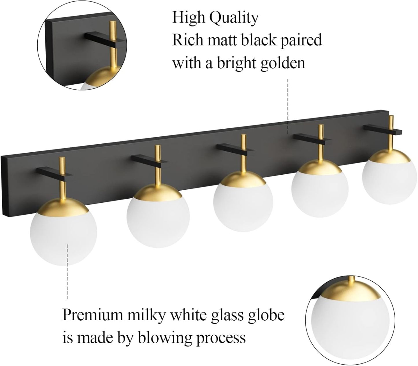 Mid Century Modern Vanity Lights for Bathroom 5-Light Milky Glass Globe Modern Bathroom Vanity Lights Over Long Mirror, Black/Golden Bathroom Wall Light Fixture (Exclude Bulb)