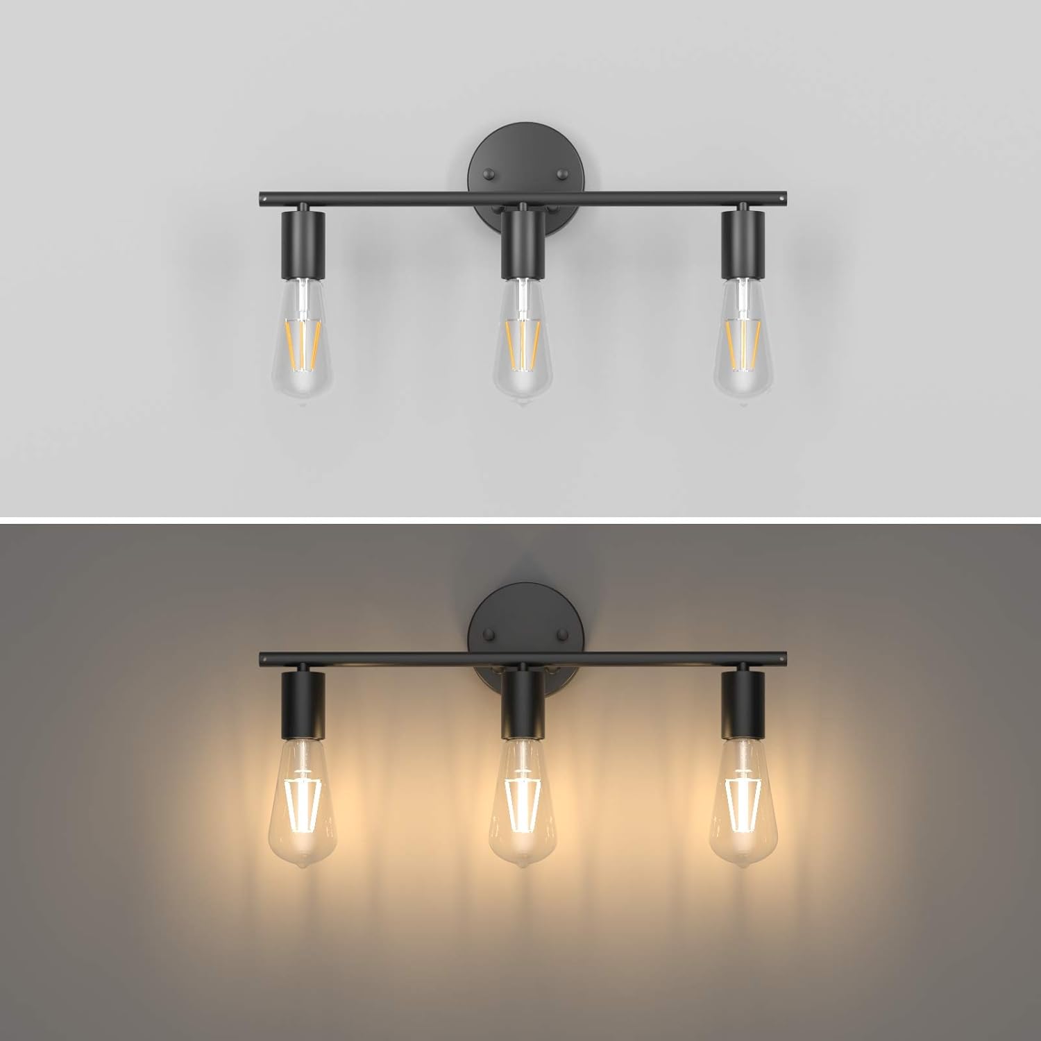 Black Wall Sconce 3 Light Industrial Matte Black Vanity Light Fixtures, Vintage Edison Wall Lamp Lighting Fixture for Bathroom