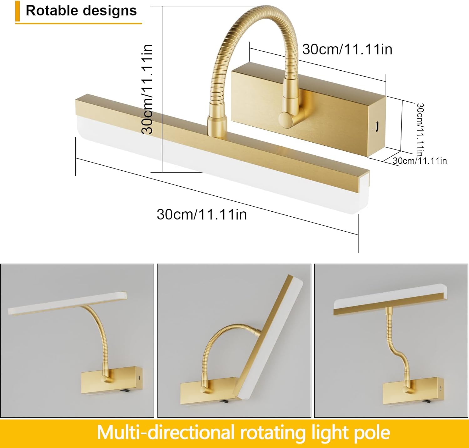Gold Picture Light,Battery Operated LED Gold Painting Light with Remote, Rotatable Light Tube with 3 Lighting Modes, Dimmable Display Light with Timer for Painting Picture Frame Portrait Art
