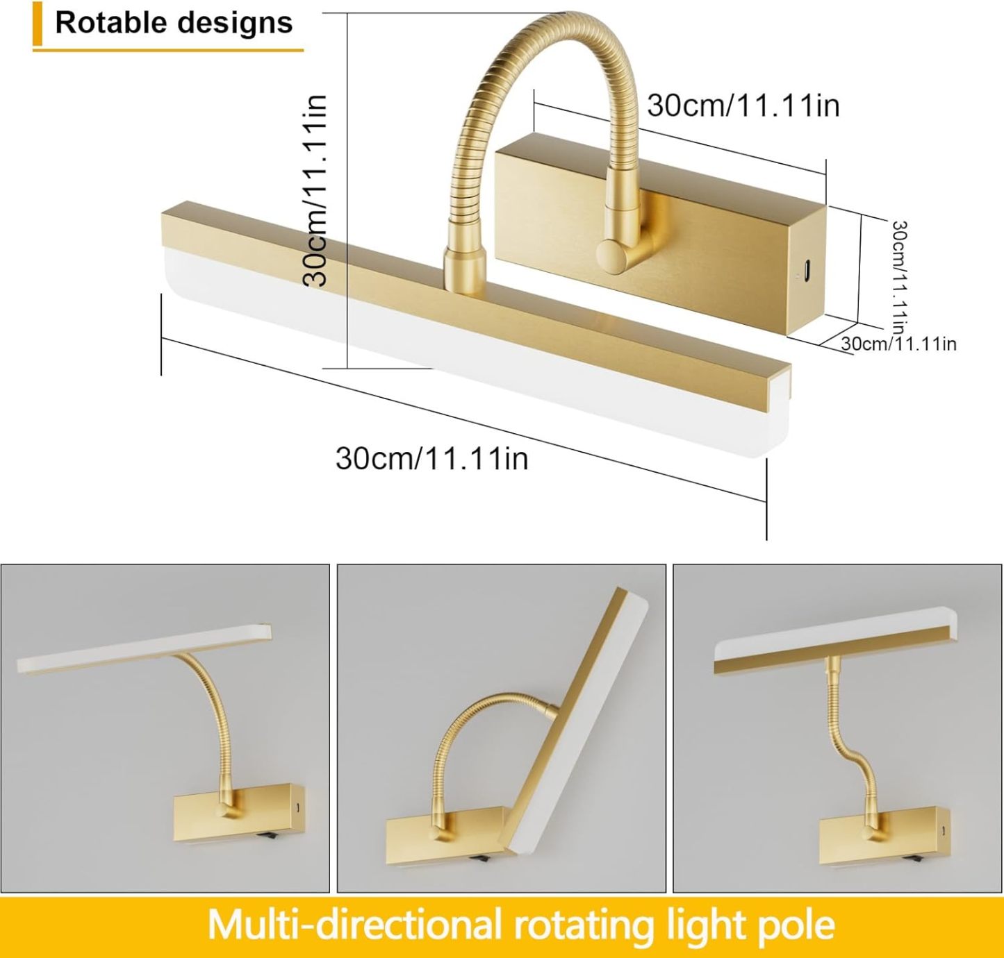Gold Picture Light,Battery Operated LED Gold Painting Light with Remote, Rotatable Light Tube with 3 Lighting Modes, Dimmable Display Light with Timer for Painting Picture Frame Portrait Art