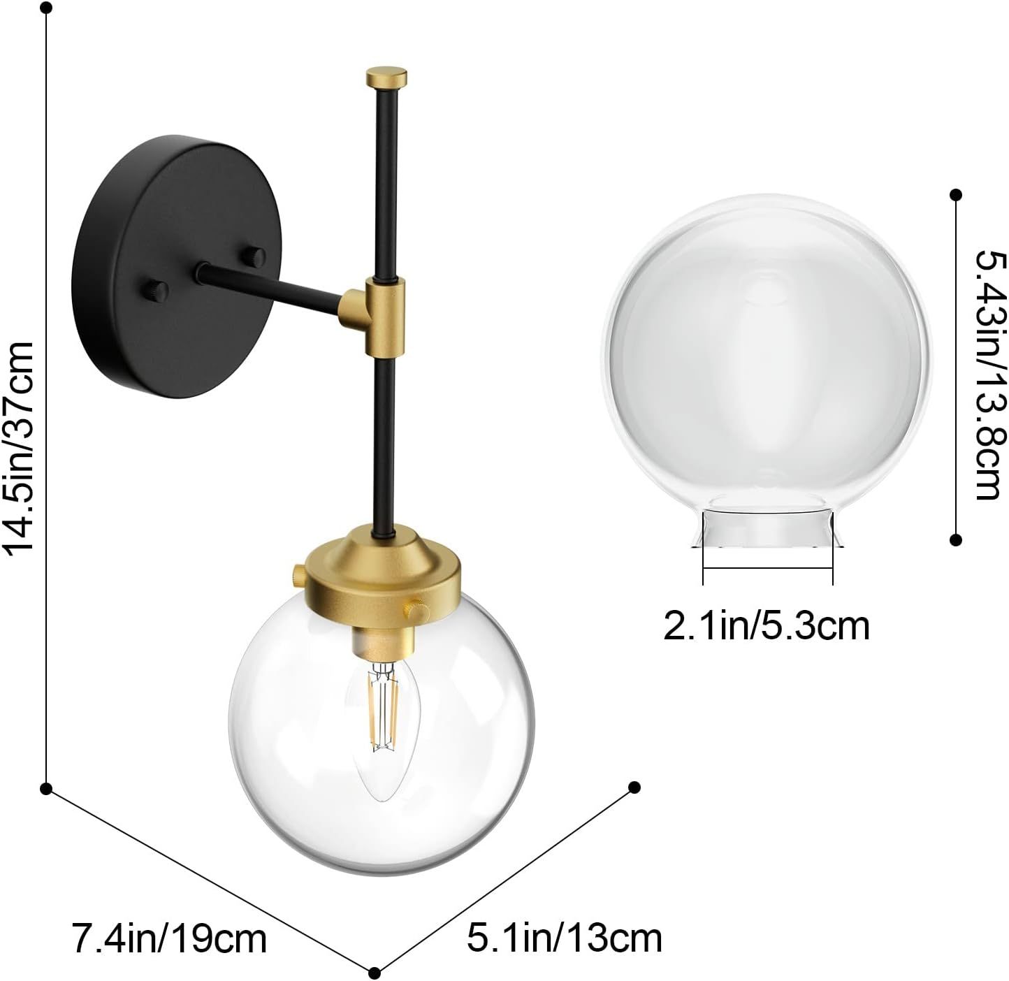 Black Gold Wall Sconce Indoor Industrial Globe Wall Light Fixture Clear Glass Globe Wall Lamp for Bathroom Kitchen Living Room Vanity Hallway (Exclude Bulb)