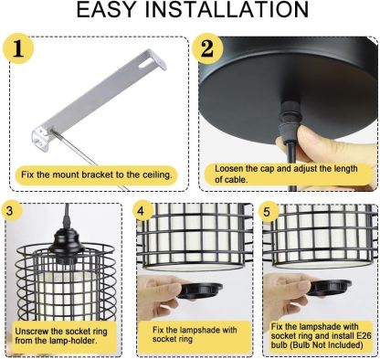 Vintage Adjustable Pendant Lighting, 6.88 Inch Metal Hanging Pendant Light Fixture with Cage Shade, Retro Ceiling Hanging Dining Light Fixture for kitchen island/Dining Hall/Hallway/Bar, E26 Base