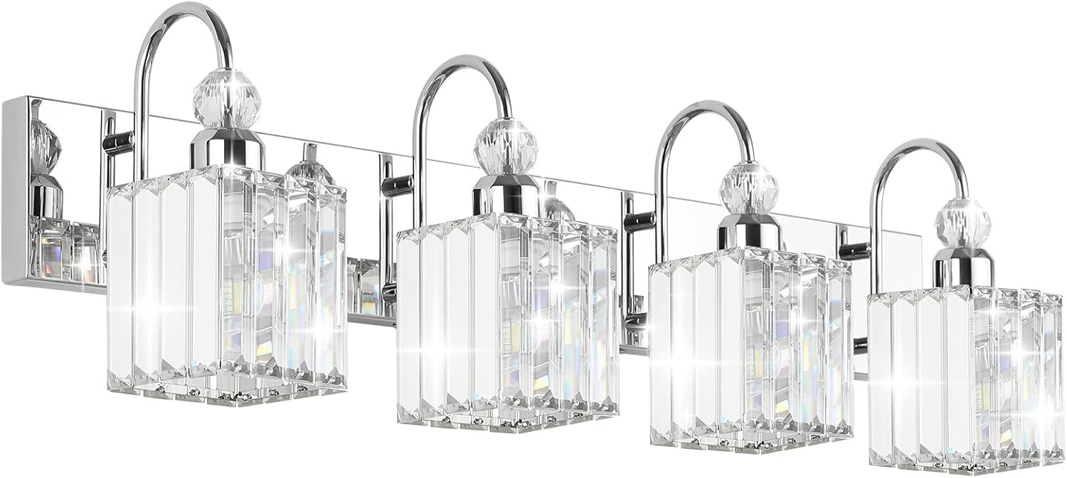 Chrome Crystal Vanity Light for Bathroom 4-Lights 31.5'' Modern Bathroom Wall Lighting Modern Chrome Bathroom Vanity Lighting Over Mirror