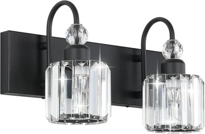Black Vanity Light 2-Lights Modern Crystal Vanity Lights for Bathroom Matte Black Crystal Wall Light Fixtures Modern Black Crystal Bathroom Light Fixtures