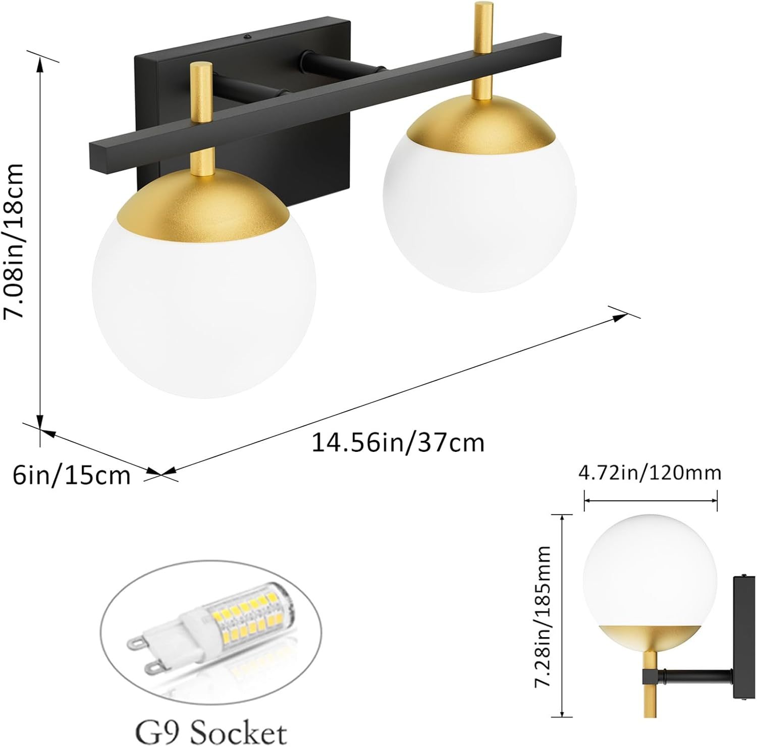 2-Light Black Gold Bathroom Vanity Light Mid Century Modern Bathroom Light Fixture Black/Golden Milky Glass Ball Wall Light for Bathroom