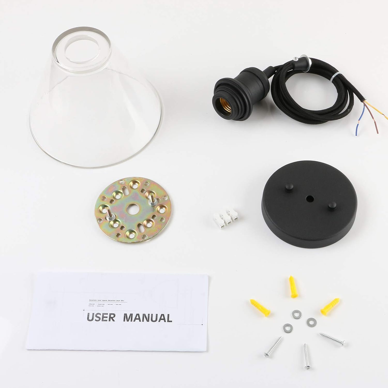 1-Light Vintage Edison Hanging Pendant Light, Mini Semi Flush Mount Light Fixture Funnel Flared Clear Glass Shade for Kitchen Bathroom Porch Living Room Dinning Room Hotels Bar Island(Black)