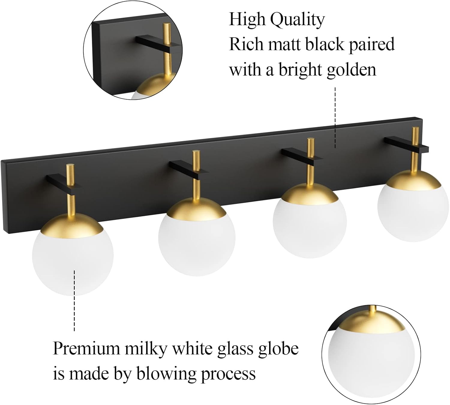 Mid Century Modern Vanity Lights for Bathroom 4-Light Milky Glass Globe Modern Bathroom Vanity Lights Over Mirror, Black/Golden Bathroom Wall Light Fixture (Exclude Bulb)
