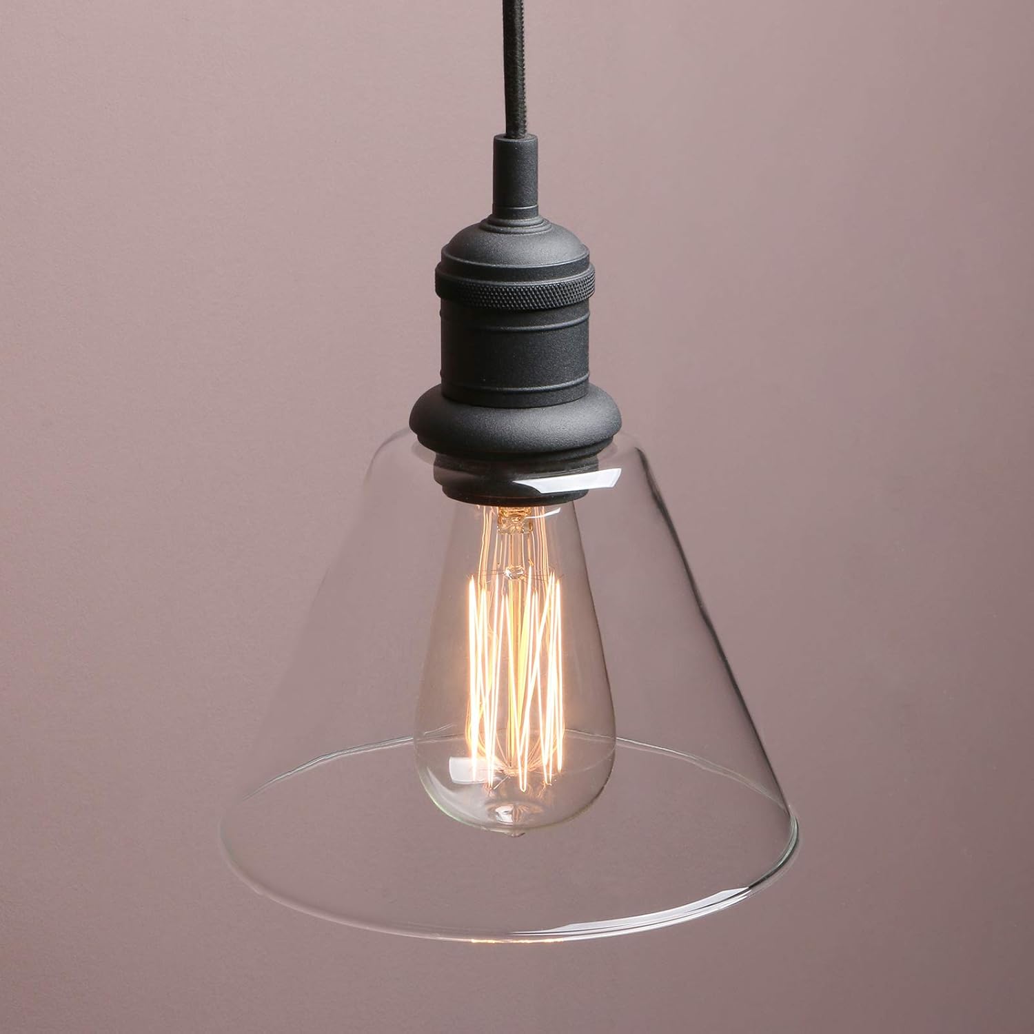 1-Light Vintage Edison Hanging Pendant Light, Mini Semi Flush Mount Light Fixture Funnel Flared Clear Glass Shade for Kitchen Bathroom Porch Living Room Dinning Room Hotels Bar Island(Black)