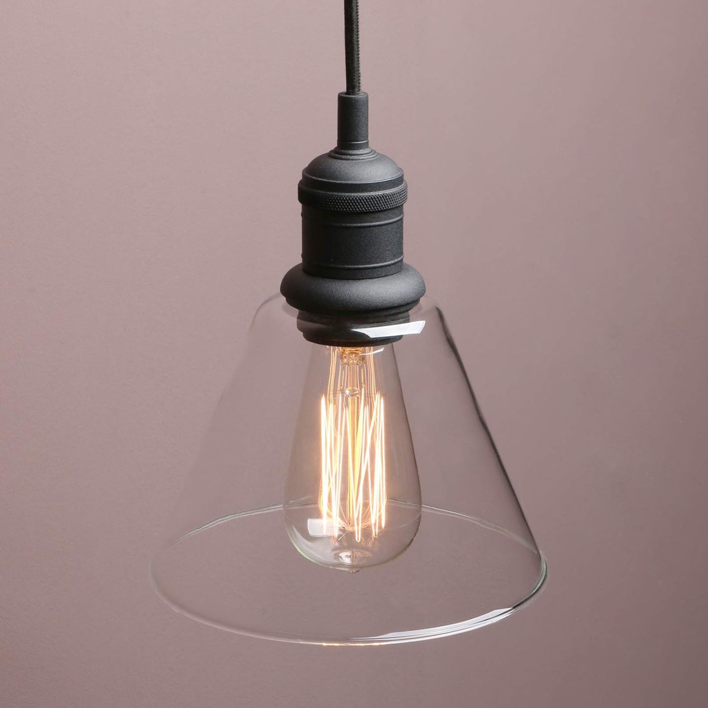 1-Light Vintage Edison Hanging Pendant Light, Mini Semi Flush Mount Light Fixture Funnel Flared Clear Glass Shade for Kitchen Bathroom Porch Living Room Dinning Room Hotels Bar Island(Black)