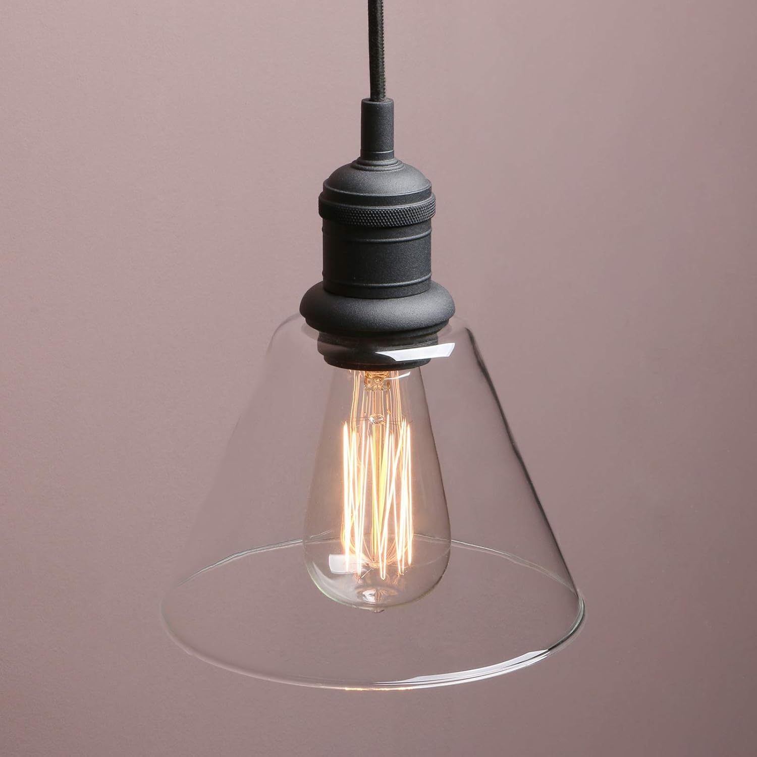 1-Light Vintage Edison Hanging Pendant Light, Mini Semi Flush Mount Light Fixture Funnel Flared Clear Glass Shade for Kitchen Bathroom Porch Living Room Dinning Room Hotels Bar Island(Black)