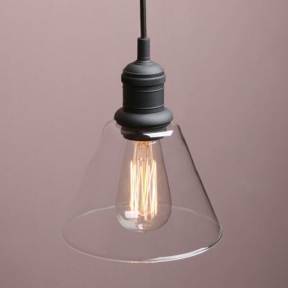 1-Light Vintage Edison Hanging Pendant Light, Mini Semi Flush Mount Light Fixture Funnel Flared Clear Glass Shade for Kitchen Bathroom Porch Living Room Dinning Room Hotels Bar Island(Black)