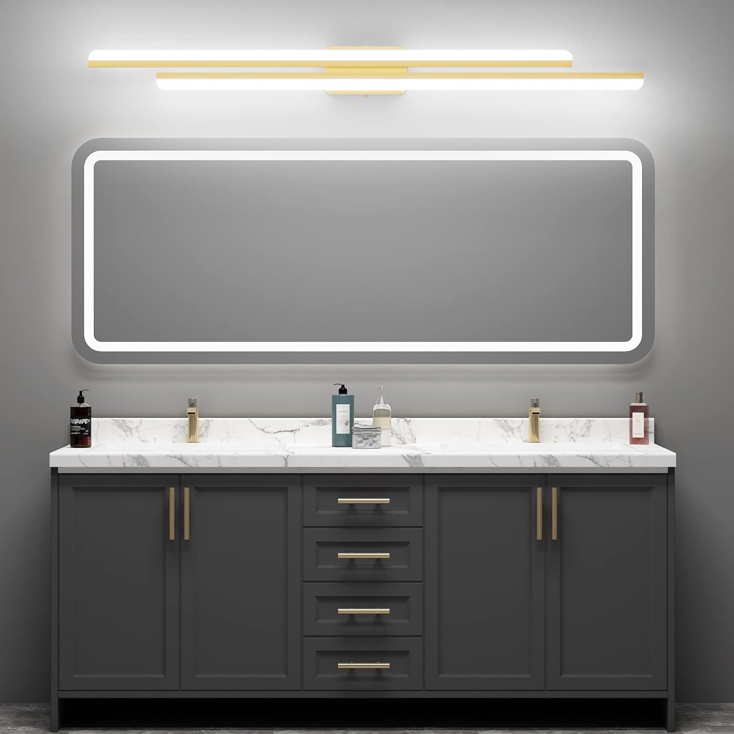 48" Gold Vanity Lights 48W Frosted Aluminum Modern LED Gold Bathroom Vanity Light Fixtures Over Long Mirror Modern Gold Bath Lighting 6000K White Light