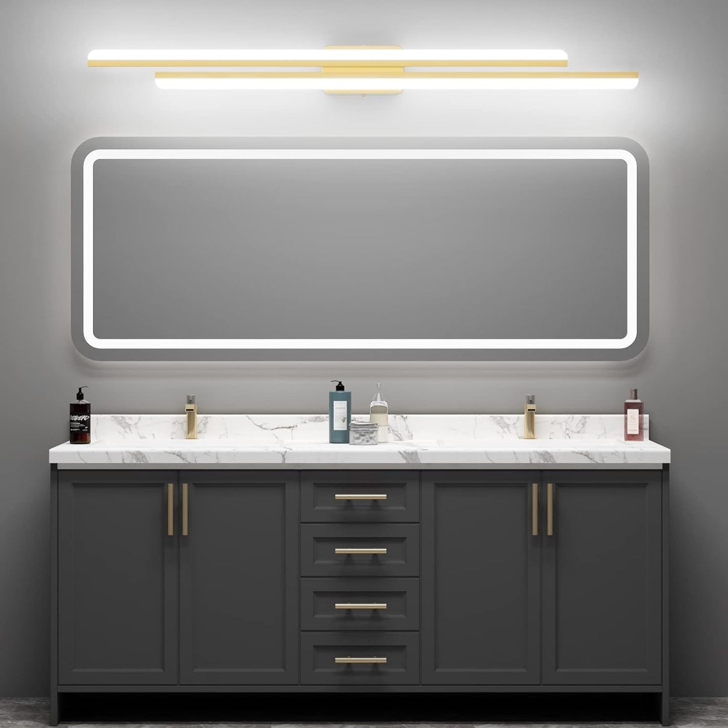 48" Gold Vanity Lights 48W Frosted Aluminum Modern LED Gold Bathroom Vanity Light Fixtures Over Long Mirror Modern Gold Bath Lighting 6000K White Light