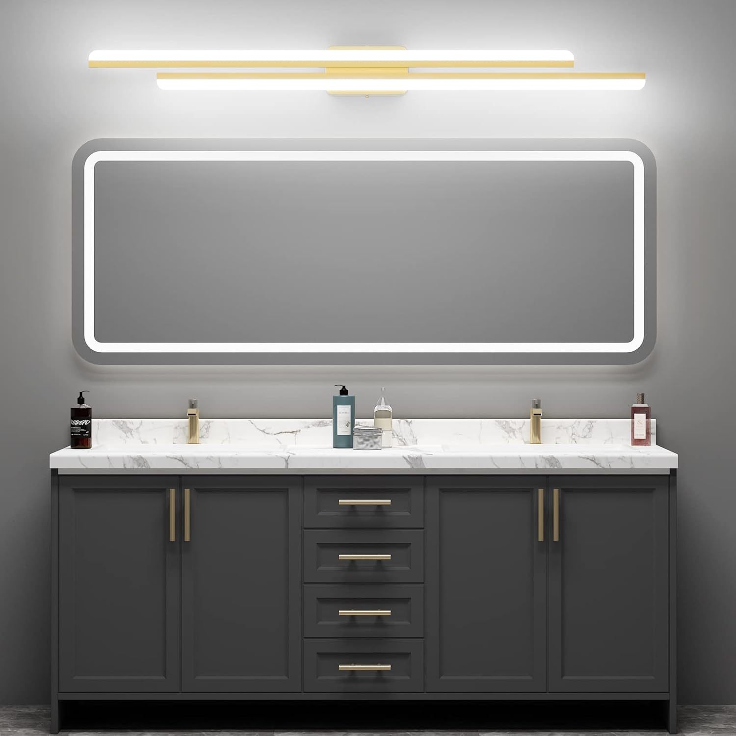 48" Gold Vanity Lights 48W Frosted Aluminum Modern LED Gold Bathroom Vanity Light Fixtures Over Long Mirror Modern Gold Bath Lighting 6000K White Light