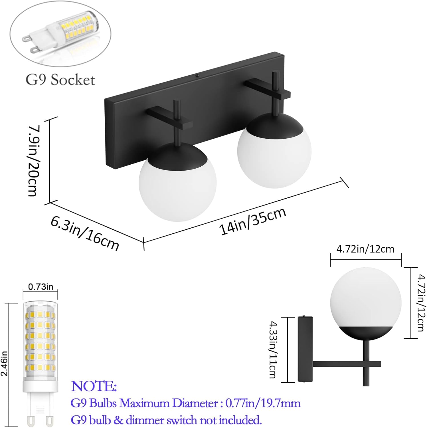 Matte Black Bathroom Wall Light Fitures 2-Light Mid Century Modern Bathroom Lighting Black Milky Glass Globe Vanity Light for Bathroom