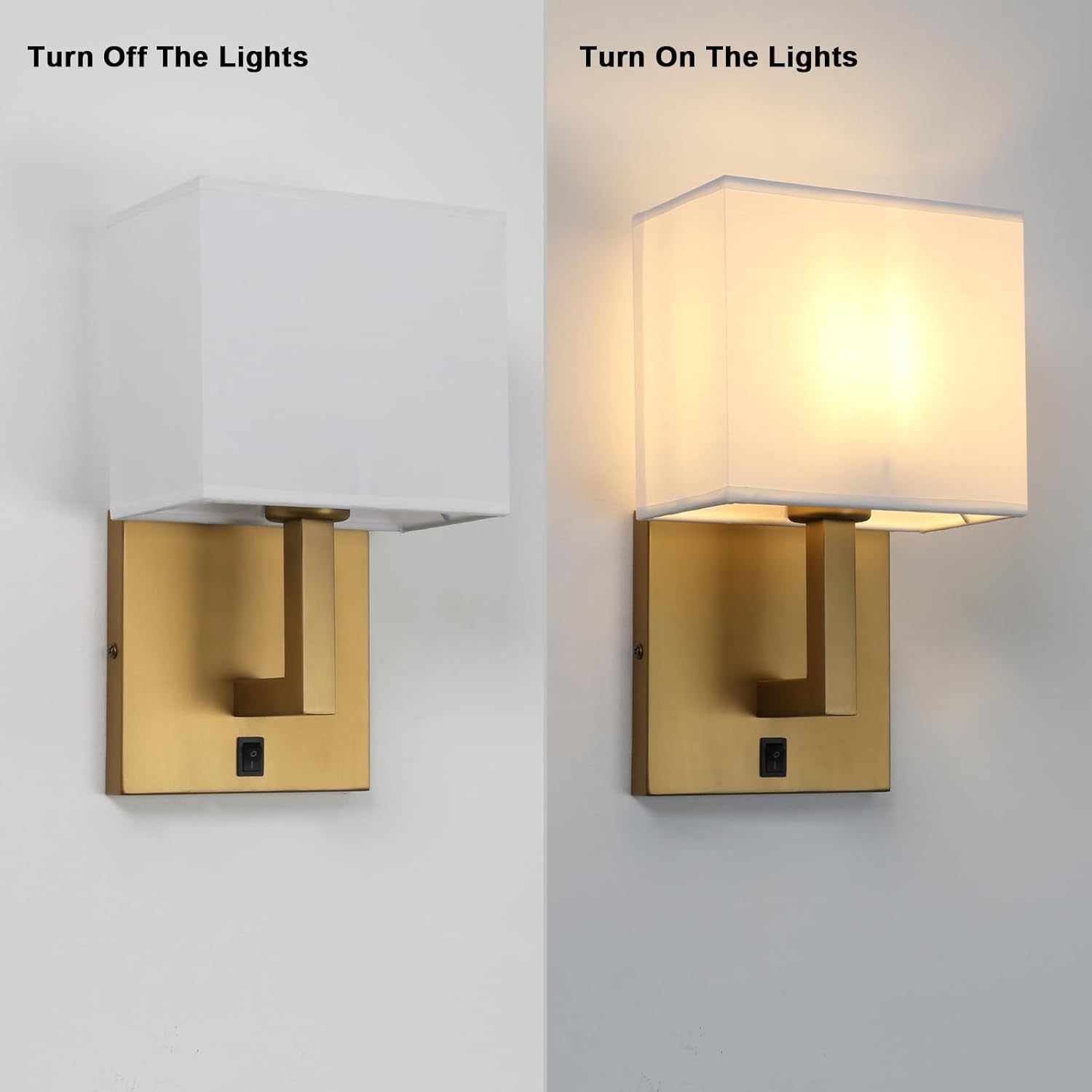 Set of 2 Indoor Vanity Wall Sconce with On Off Switch, Brass Modern Boho Vintage Industrial Light with Square Fabric Shade