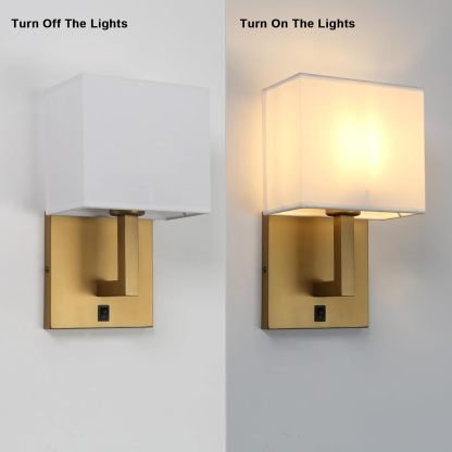 Set of 2 Indoor Vanity Wall Sconce with On Off Switch, Brass Modern Boho Vintage Industrial Light with Square Fabric Shade