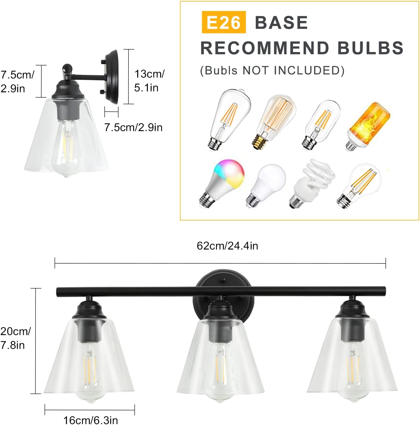 Bathroom Vanity Wall Light Over Mirror: 3-Light 3 Lights Wall Sconces Lamp with Glass Shade